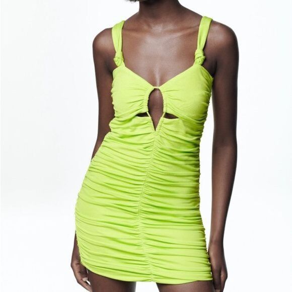 NWT ZARA Sz S Gorgeous Neon Lime Green Cutout Draped Ruched Stretchy Mini Dress - Picture 1 of 12